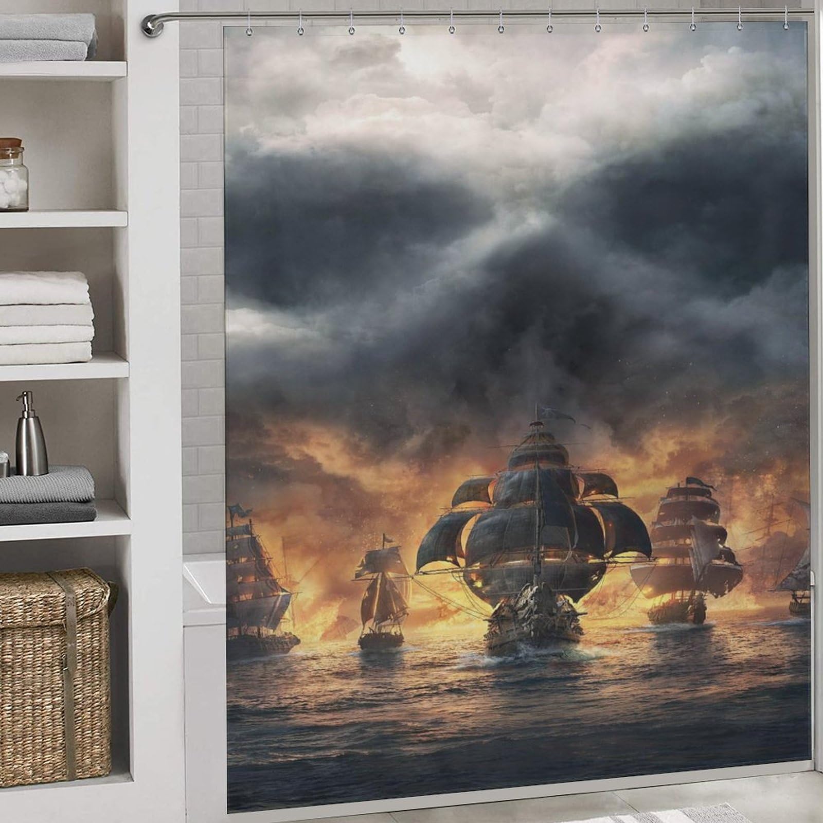 Rideau de douche pirate crâne imperméable en polyester lavable 183x183cm