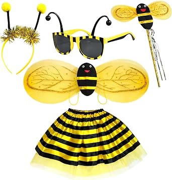 5Pcs Bee Costumes for Kids, Bumble Bee Costume Kids,for Girls Dress Up and Role Play, with Tutu Skirt + Wings + Antenna Headband + Sun Glasses+Fairy Wand, Yellow Tutu Costume