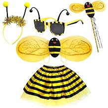5Pcs Bee Costumes for Kids, Bumble Bee Costume Kids,for Girls Dress Up and Role Play, with Tutu Skirt + Wings + Antenna Headband + Sun Glasses+Fairy Wand, Yellow Tutu Costume