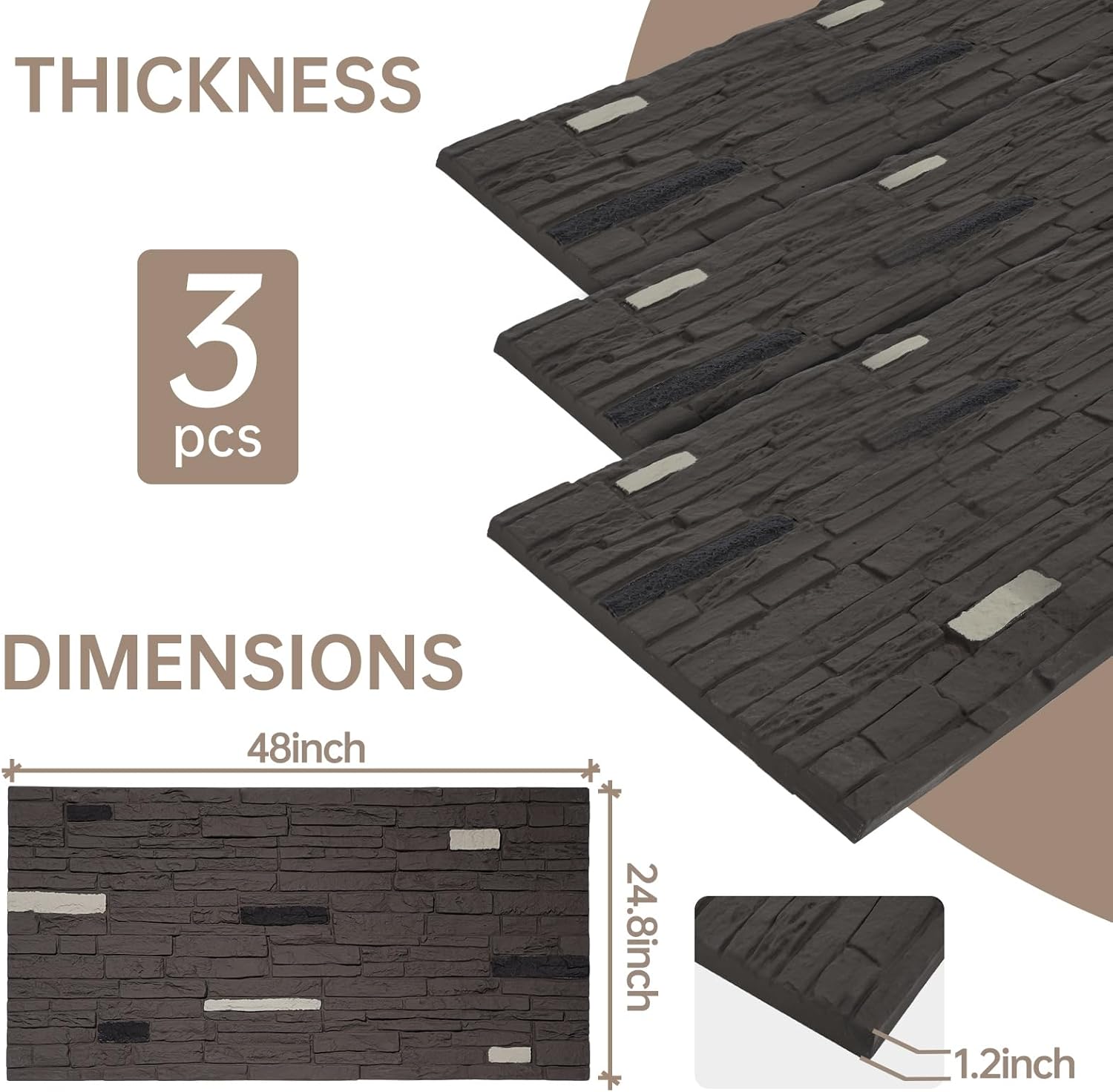 VallisCo 3-Packs Faux Stacked Stone Panels - 47.3" x 23.7" Artificial PU Stone Wall Panels, Exterior Siding Panels for DIY Home Improvement Projects, Dark Grey