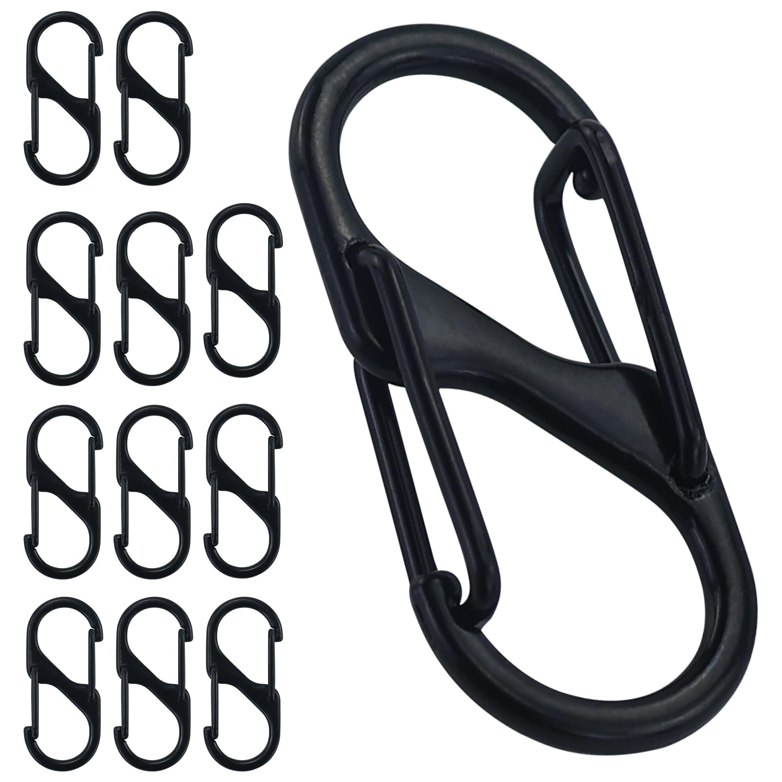 Formiger - 12 moschettoni mini metallo doppio 8 formiger, 2 fori, 30 mm, piccolo per esterni, campeggio, casa, escursionismo, nero