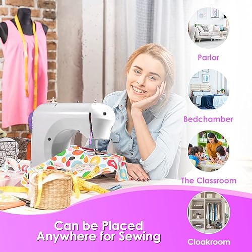 Miniatura 6 de Máquina de coser, máquina de coser portátil con costuras integradas, mini máquina de coser de 2 velocidades con mesa de extensión, adecuada para