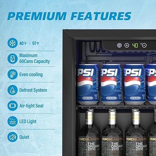 Miniatura 3 de Mini refrigerador de 1.3 pies cúbicos, refrigerador de bebidas independiente de 60 latas con puerta frontal de vidrio para refrescos, cerveza debajo