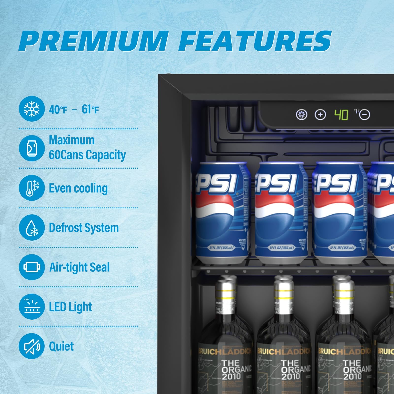 Erivess Compact Beverage Refrigerator,60 Can/1.3 Cubic Feet Fridge With Glass Front Door For Soda, Beer Or Wine, Under Counter Small Refrigerator With Adjustable Shelve & Digital Display on Fridge.com - View 3