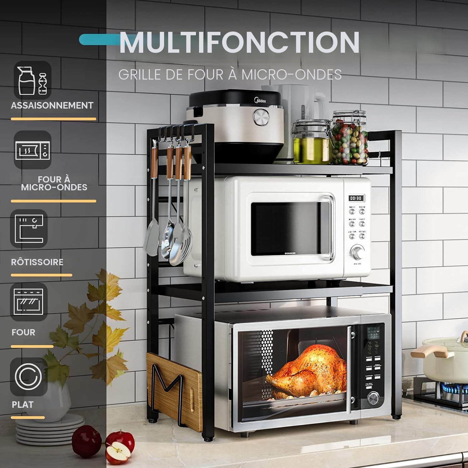 devesanter Étagère extensible pour micro-ondes Plan de travail à 3 niveaux Avec 5 crochets Étagère de cuisine Étagère à épices Étagère à micro-ondes Organiseur pour cuisi