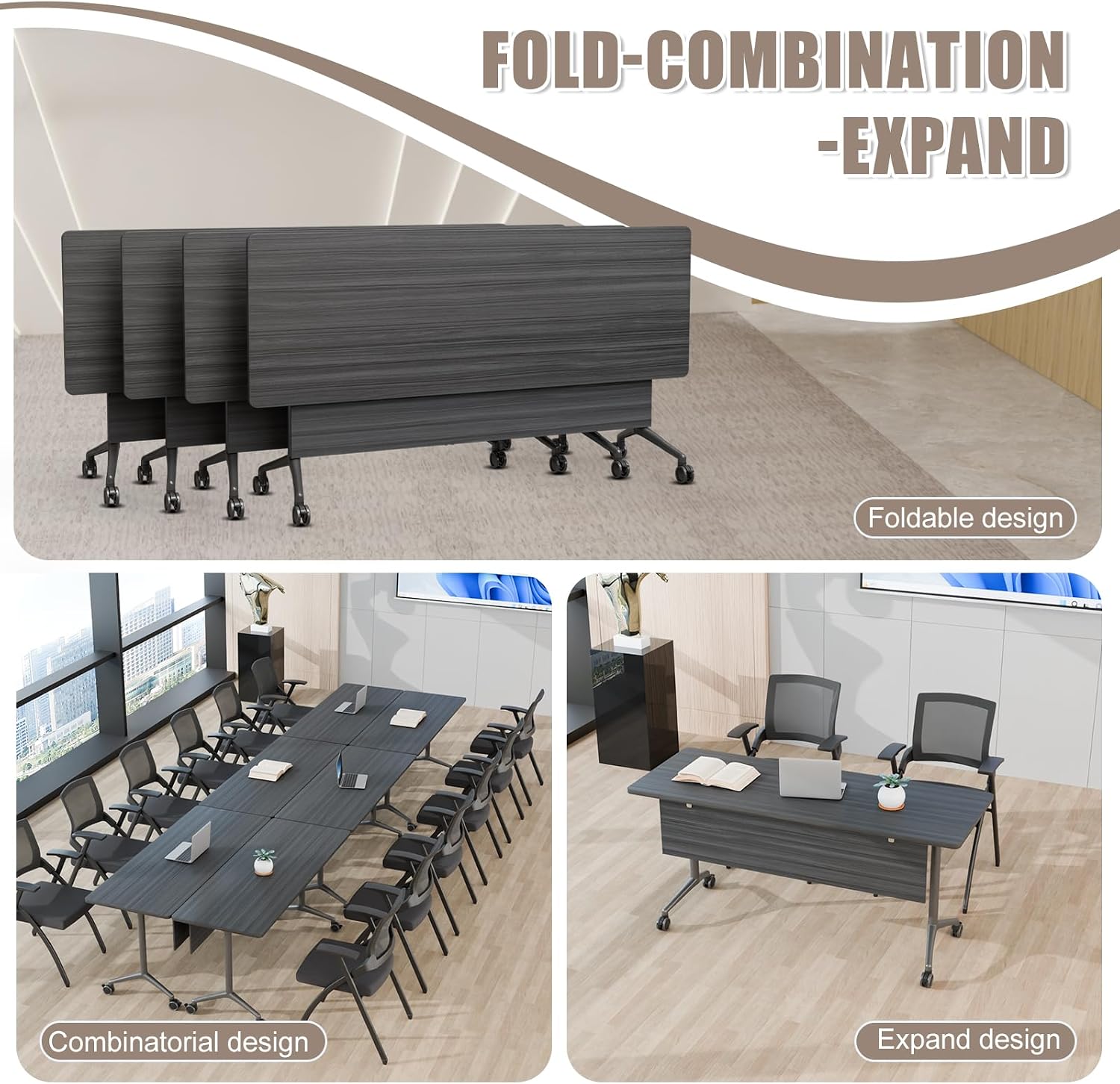 Conference Table, Folding Conference Room Tables, Modular Foldable Conference Table Stackable Flip Top Training Meeting Table with Wheels, Modern Seminar Meeting Room Table (2, Ebony, 55.1in)