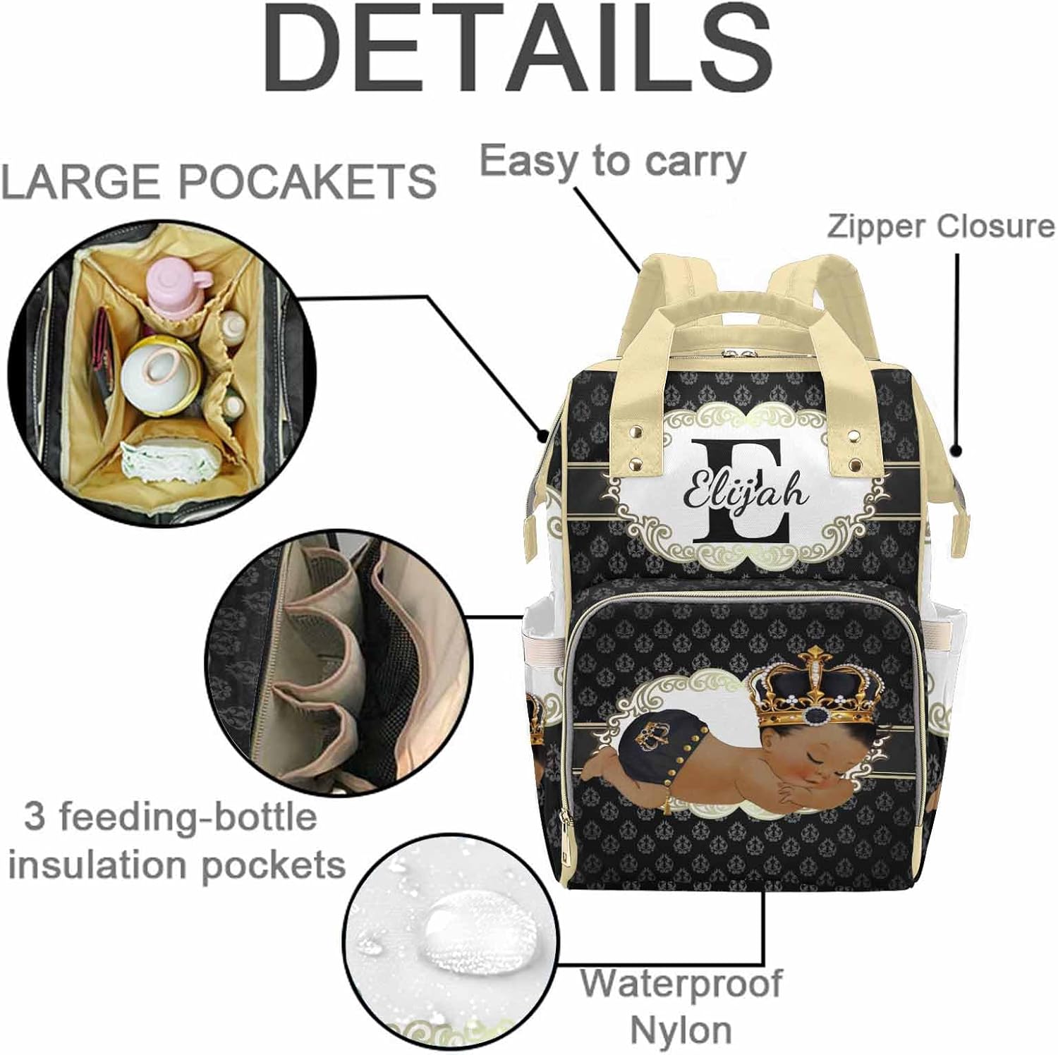 M YESCUSTOM Personalized Baby Diaper Bags for Women Men, Custom Brown Prince Backpack Customized Nappy Mommy Bag Backpack for Son Daughter Travel, Camping, Hiking Picnic