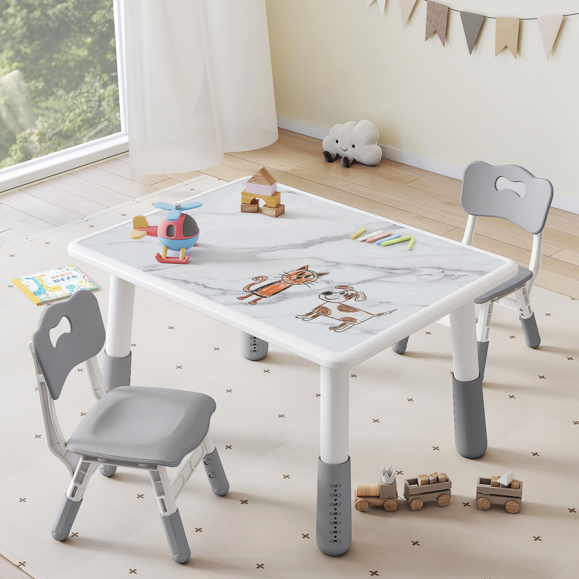DOREROOM Toddler Table and 2 Chairs Set, Height Adjustable Kids Table and Chair Set, 31.5''L x 23.6''W, Marble Pattern & Graffiti Desktop, Children