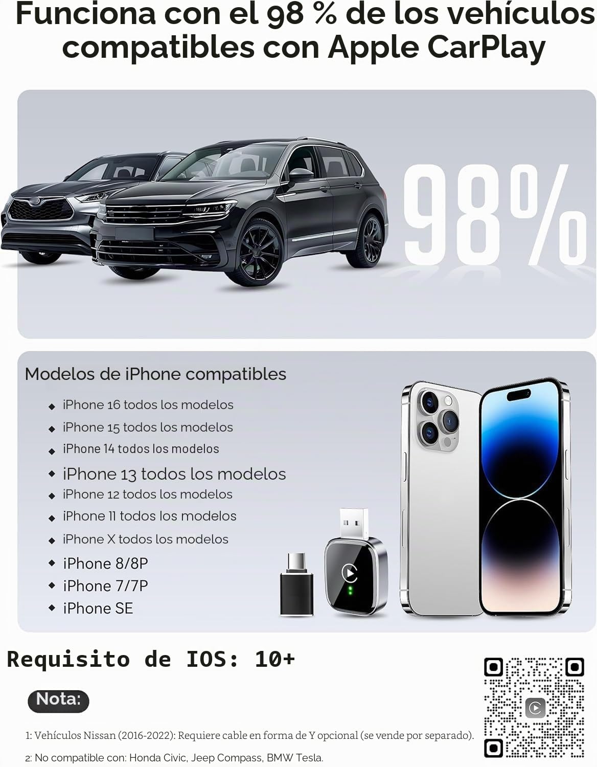 MZU Adaptador inalámbrico CarPlay para iPhone – Actualización a CarPlay inalámbrico, Plug & Play, USB/Type-C, Mini y estable adaptador inalámbrico Car Play compatible con Apple iOS 10+ y coches con