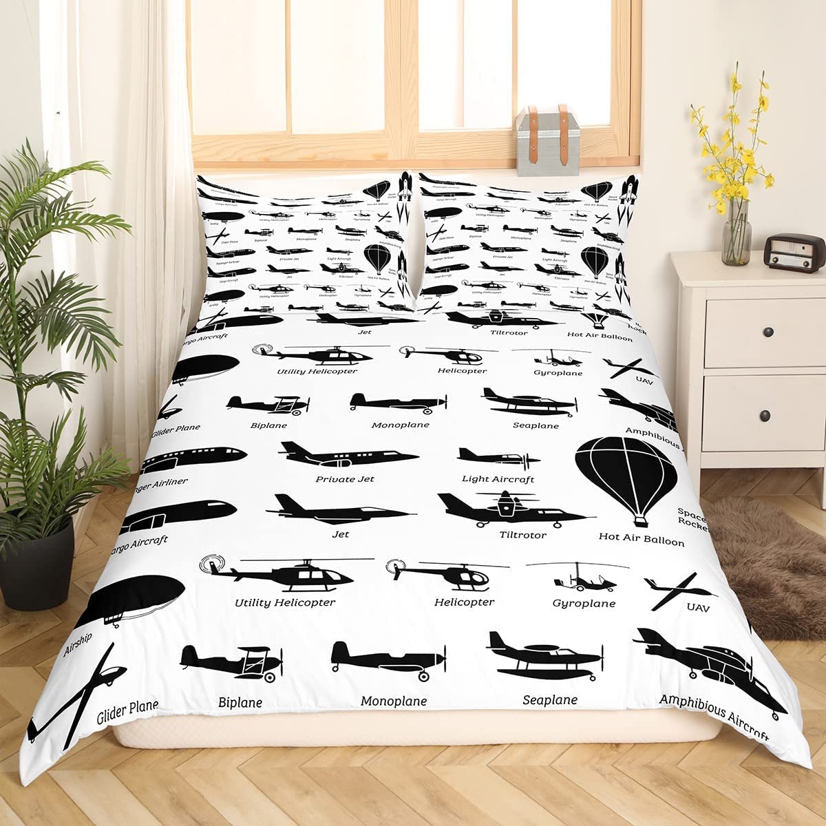 Housse de couette avion simple avec taie d'oreiller pour lit enfant motif fusée spatiale noir et blanc