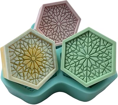 3 Cavities Hexagon Silicone Soap Mold,Geometric Patterns Flower Silicone Mold for Soap Scented Candle Wax Aroma Plaster Diffuser Decorated Epoxy Resin Crafts