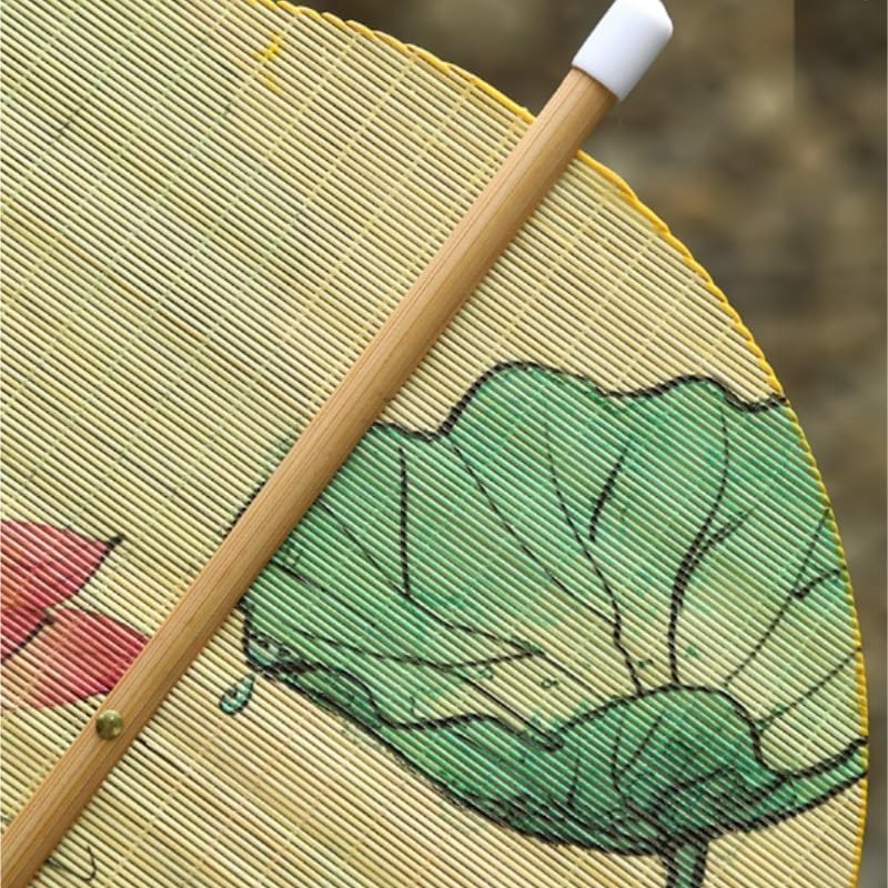 Handwoven Round Fan with Fish Pattern Long Handle Ancient Chinese Palace for Dance Decor