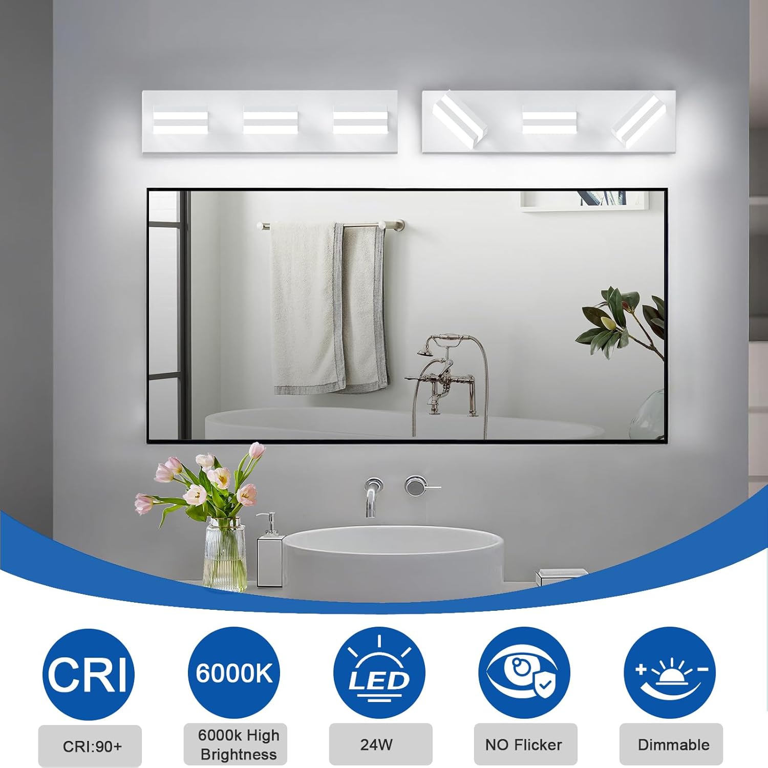 IZORRO LED Modern Bathroom Lights Fixtures(3-Light,Dimmable,360°Rotate),Matte White Acrylic Wall Lighting,Vanity Lights for Bathroom Over Mirror - 6000k 16In （No Assembly Required）