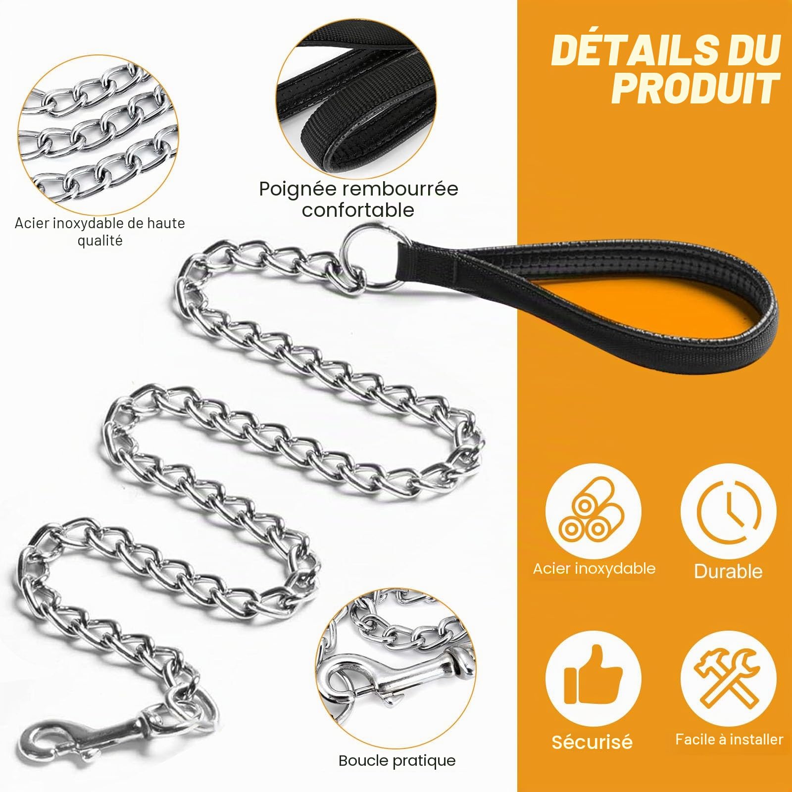 65cm Collier Etrangleur Chien 128cm Laisse Chaine pour Chien, Acier Inoxydable Collier Chaine pour La Plupart des Chiens l'entraînement et Les Promenades