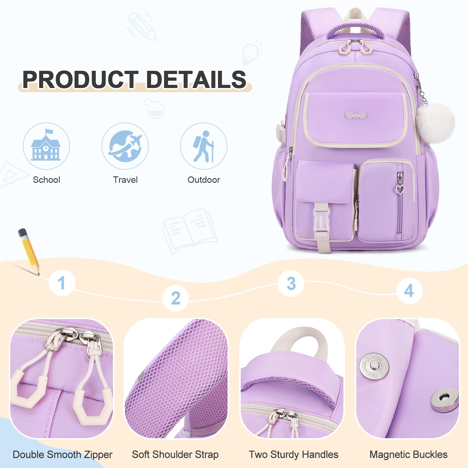 DIGOBAY Mochilas para niñas, mochila escolar de 3 piezas con lonchera y estuche para lápices para adolescentes y niñas