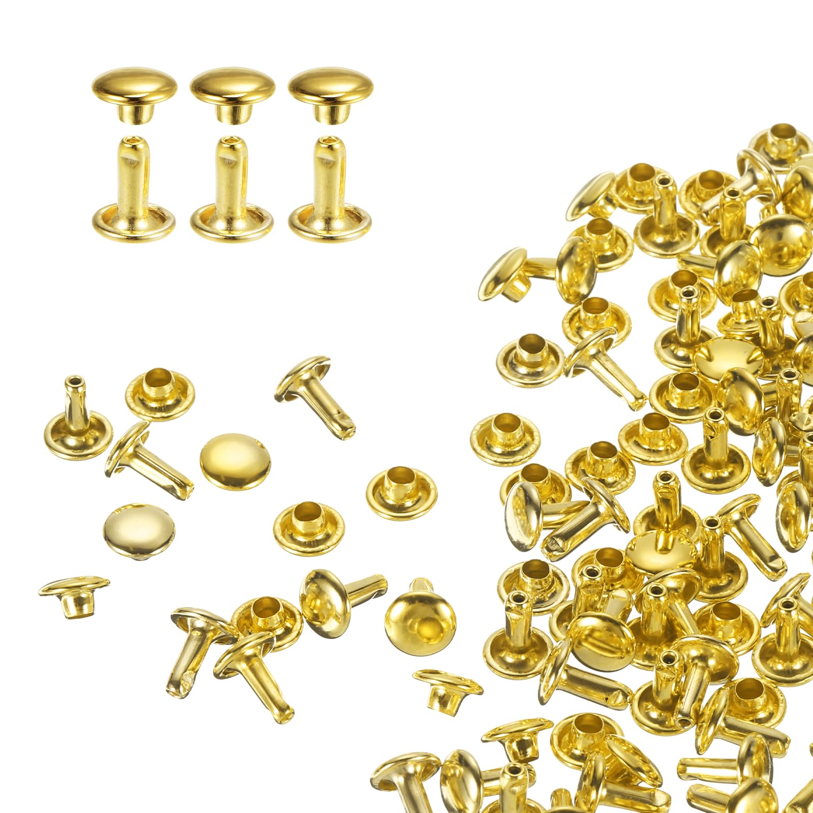 sourcing map 100 Sets Double Cap Rivets 7x8mm Carbon Steel Round Head Snaps Studs Fasteners Tubular Metal Studs for Leather Craft Repairs Decoration, Gold