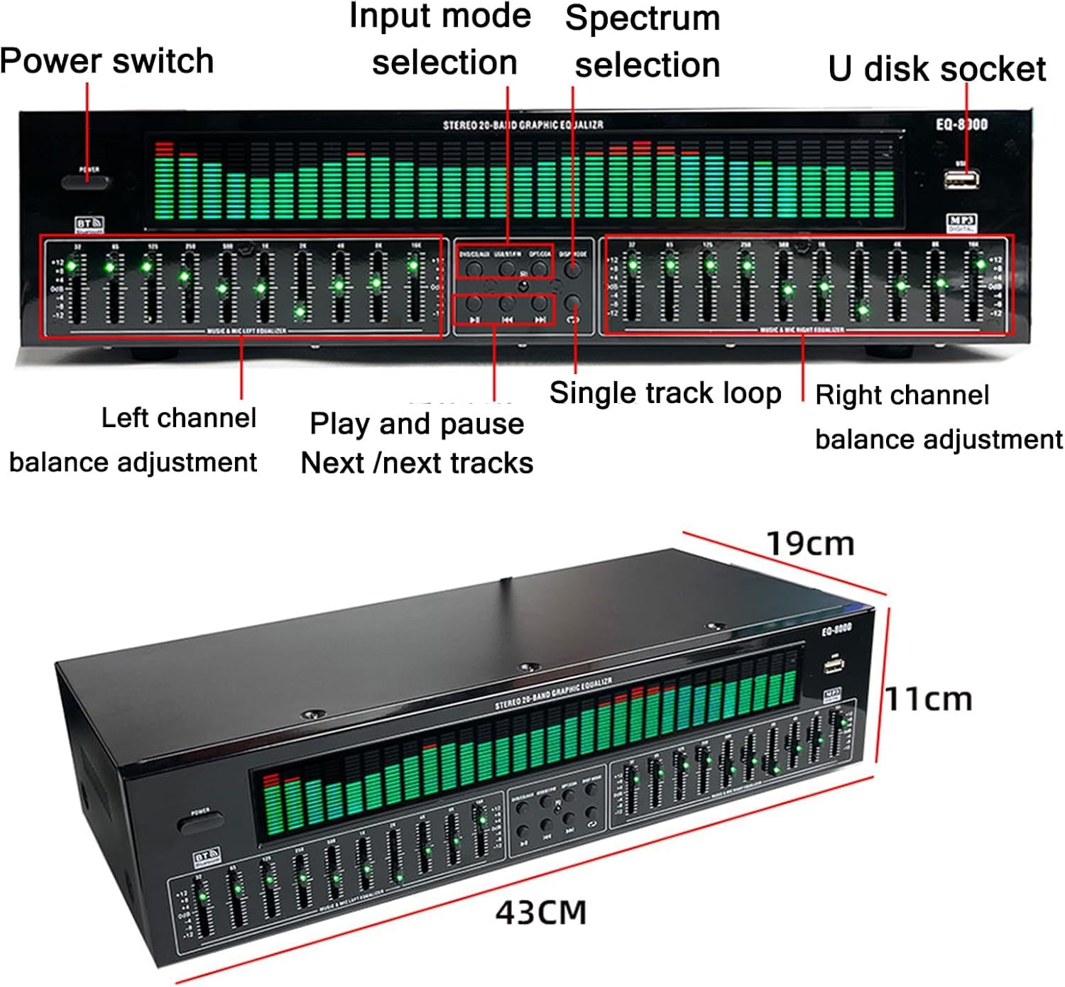 Égaliseur graphique numérique 31 bandes Hi-Fi avec affichage du spectre LED, Bluetooth, lecture USB, réduction du bruit, 12 modes de rythme pour home cinéma, audio de voiture et studio professionnel