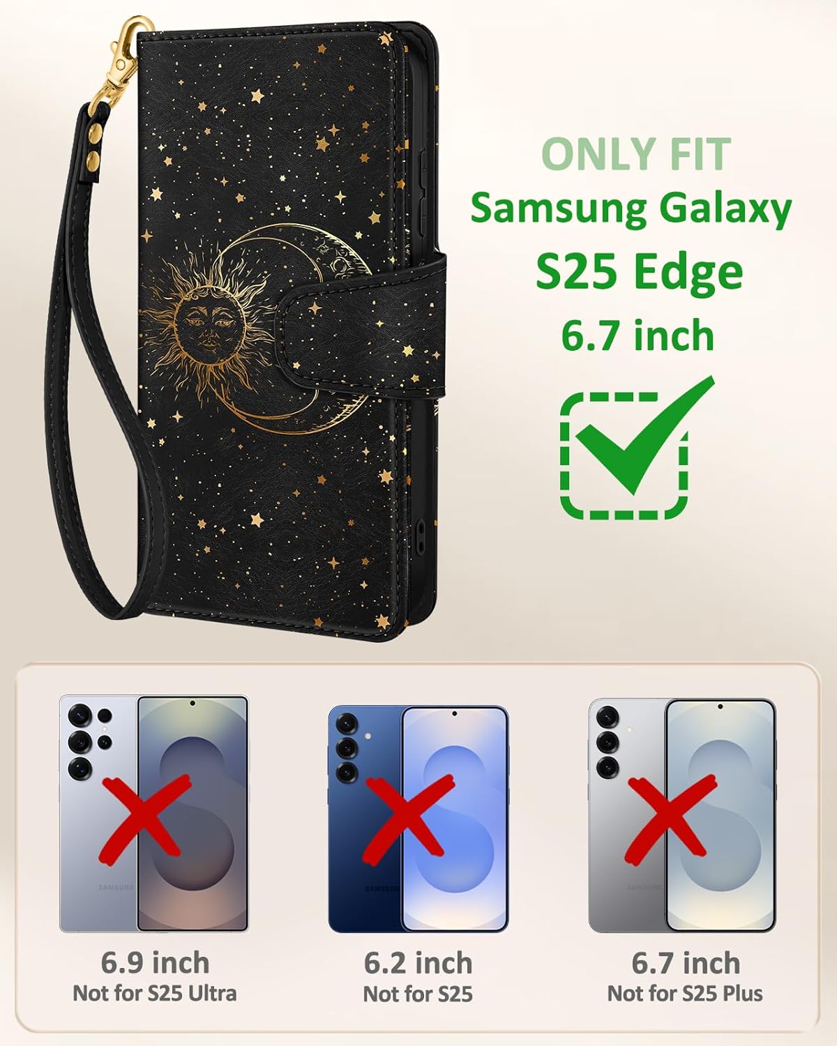 Toycamp for Samsung Galaxy S25 Edge Wallet Case with Wrist Strap - Leather Flip Folio Phone Cover with RFID Blocking 4 Card Slots Galaxy S25 Edge Cute Aesthetic for Women Lady, Black Sun Moon Black Sun Moon for Samsung S25 Edge