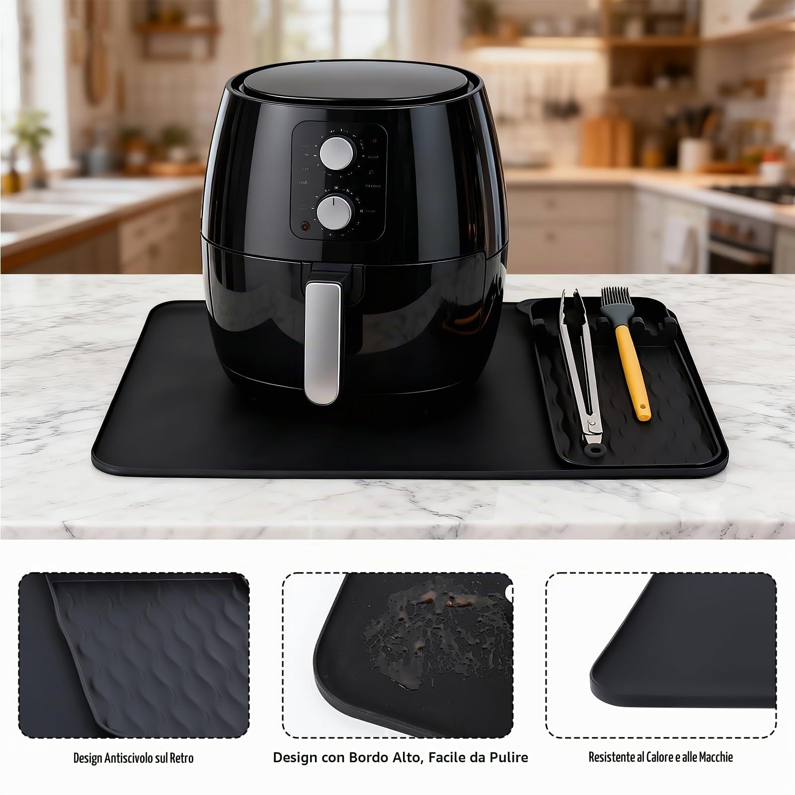 VINATO Tappetino Resistente al Calore per Friggitrice ad Aria, 65x40cm Tappetino Ignifugo in Silicone Antiscivolo Impermeabile, Protezione Piani di Lavoro per Macchine da Caffè Friggitrici ad Aria