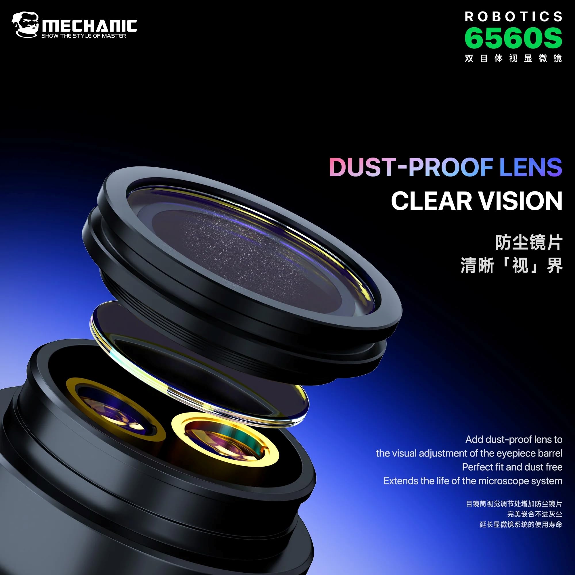 MECHANIC OFICIAL Microscopio estereoscópico binocular industrial para robótica 6560S-B11 con zoom continuo adecuado para reparación de tarjetas PCB y móviles