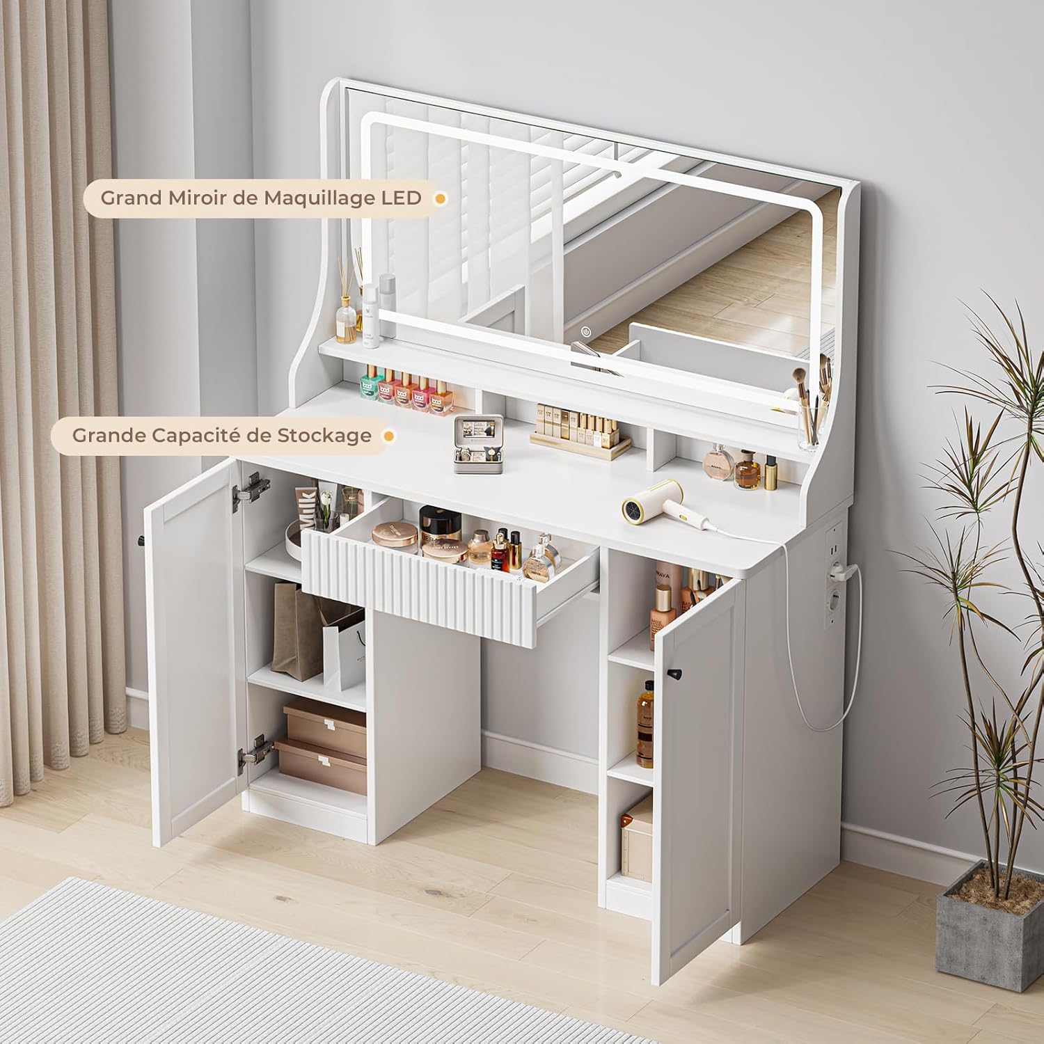 Vanity table with open drawer and side cabinets showing storage capacity
