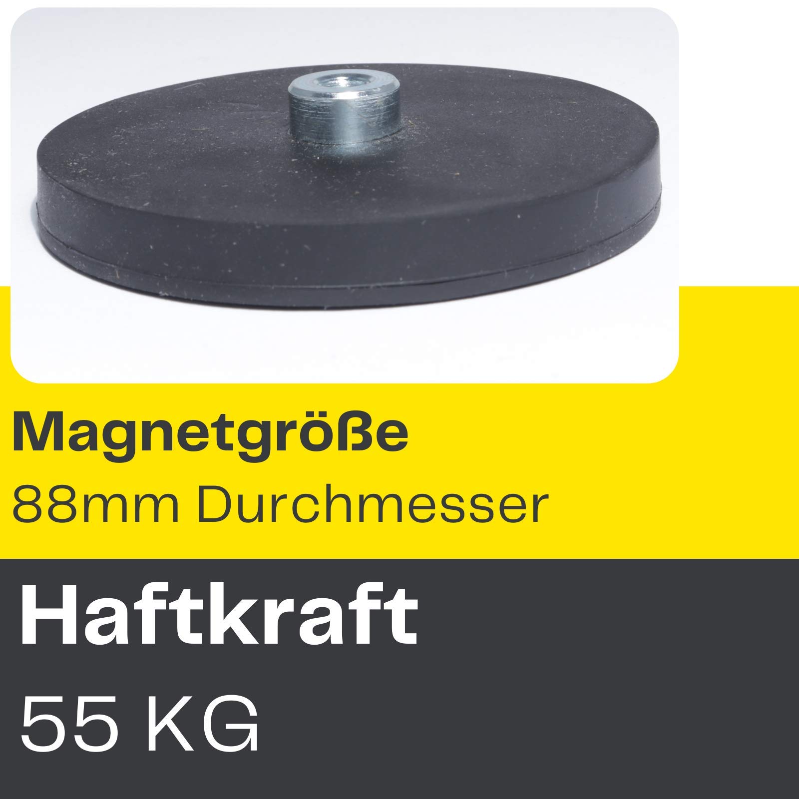 2x Neodym Magnete Gummiert Ø 88mm Mit M8 Außengewinde 55 KG Zugkraft Flachgreifer Magnet Scheibe Topfmagnet Gummi Runde Magnete mit Gewinde für Schrauben Öse oder Haken