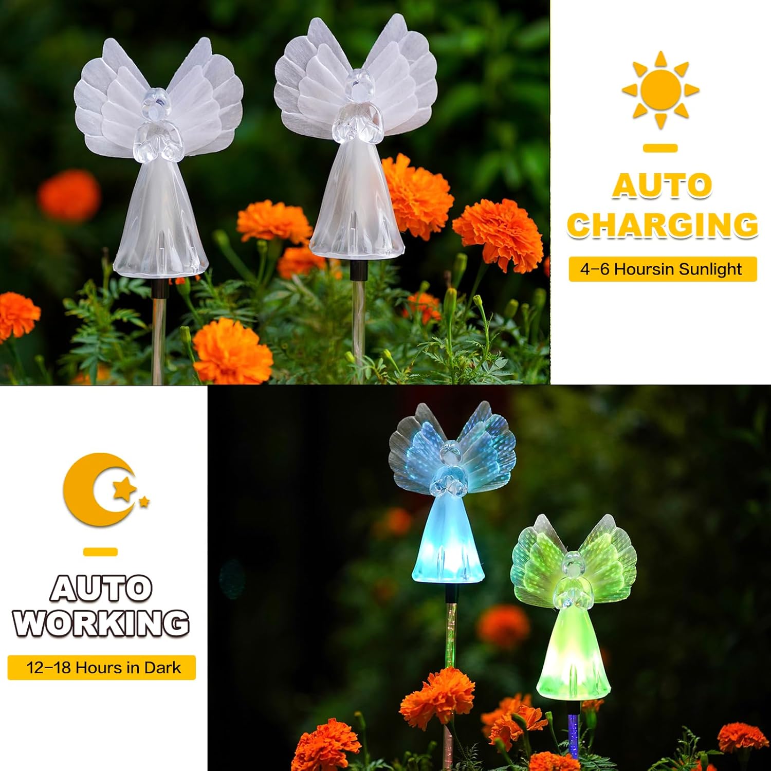 Outdoor Solar Garden Lights,4 Pack Solar Angel Decorative Lights, IP67 Waterproof Color Changing LED Solar Outdoor Lights,Solar Stake Lights for Cemetery Grave Garden Patio Yard Lawn Decoration