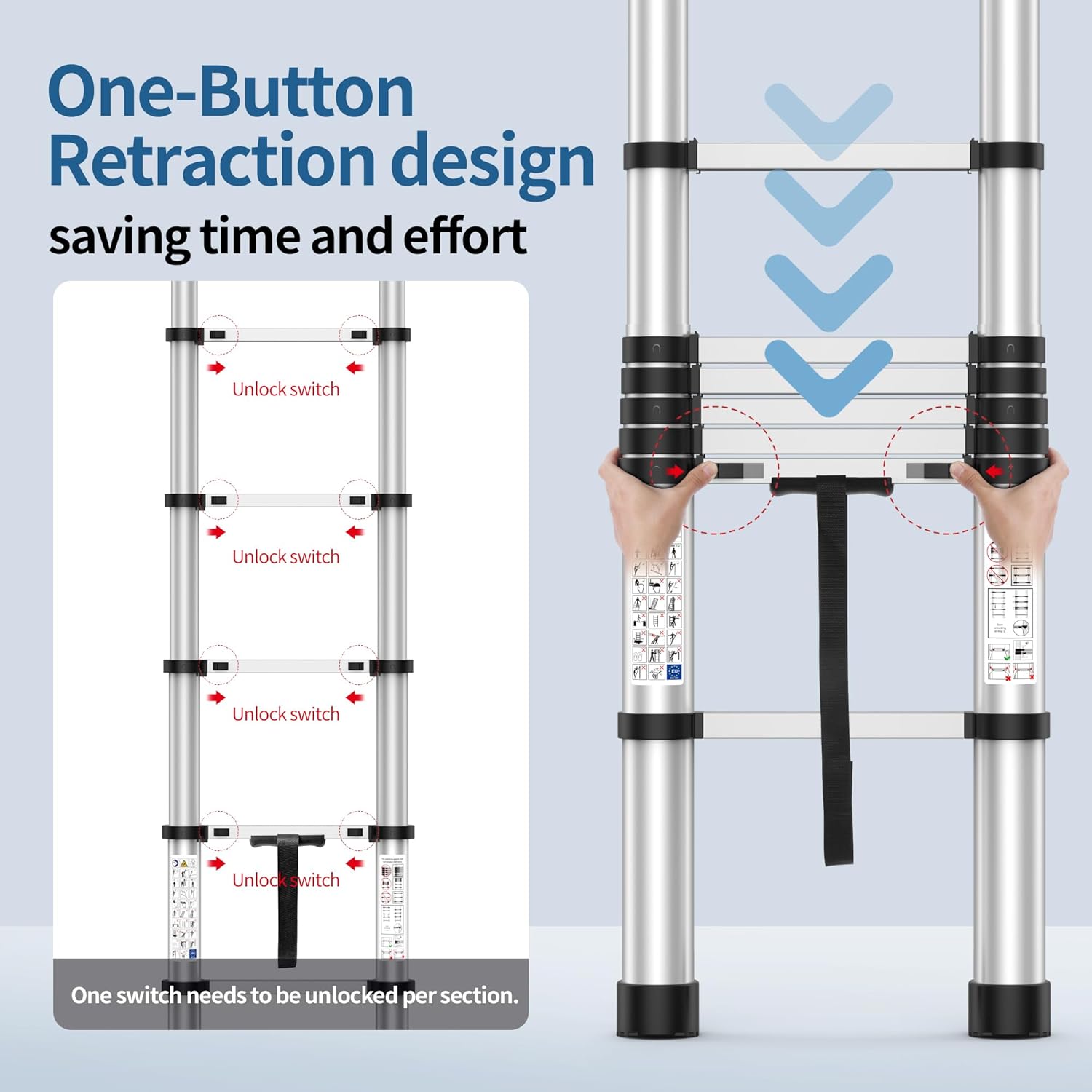2026 New 9.8FT Heavy-Duty Aluminum Telescoping Ladder, 330LBS Capacity, One-Button Retraction Anti-Pinch, with Wall Support & Adjuster Pads, for Attic Roof Home Renovation