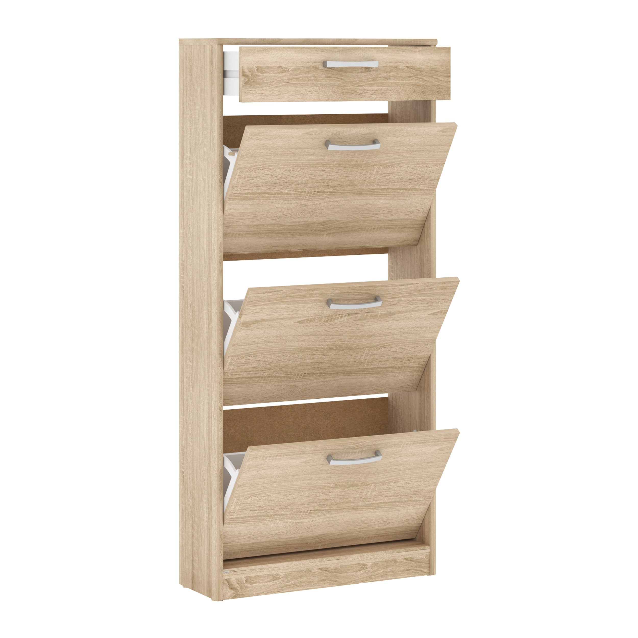 Forte NIKO Schuhschrank 60, Skandi-Schrank, 3 Kippfächer, 1 Schublade, Holzwerkstoff, Flur, Abstellraum, Sonoma Eiche Holzdekor, 58,2 cm breit x 127,7 cm hoch x 20,4 cm tief