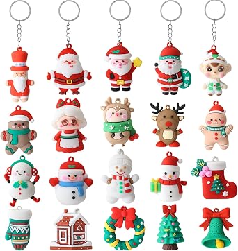 20 Pcs Christmas Rubber Keychains Bulk, 3D Santa Claus Snowman Xmas Tree Reindeer Hanging Ornaments With Keyrings For Christmas Tree Decoration, Xmas Party Craft Supplies