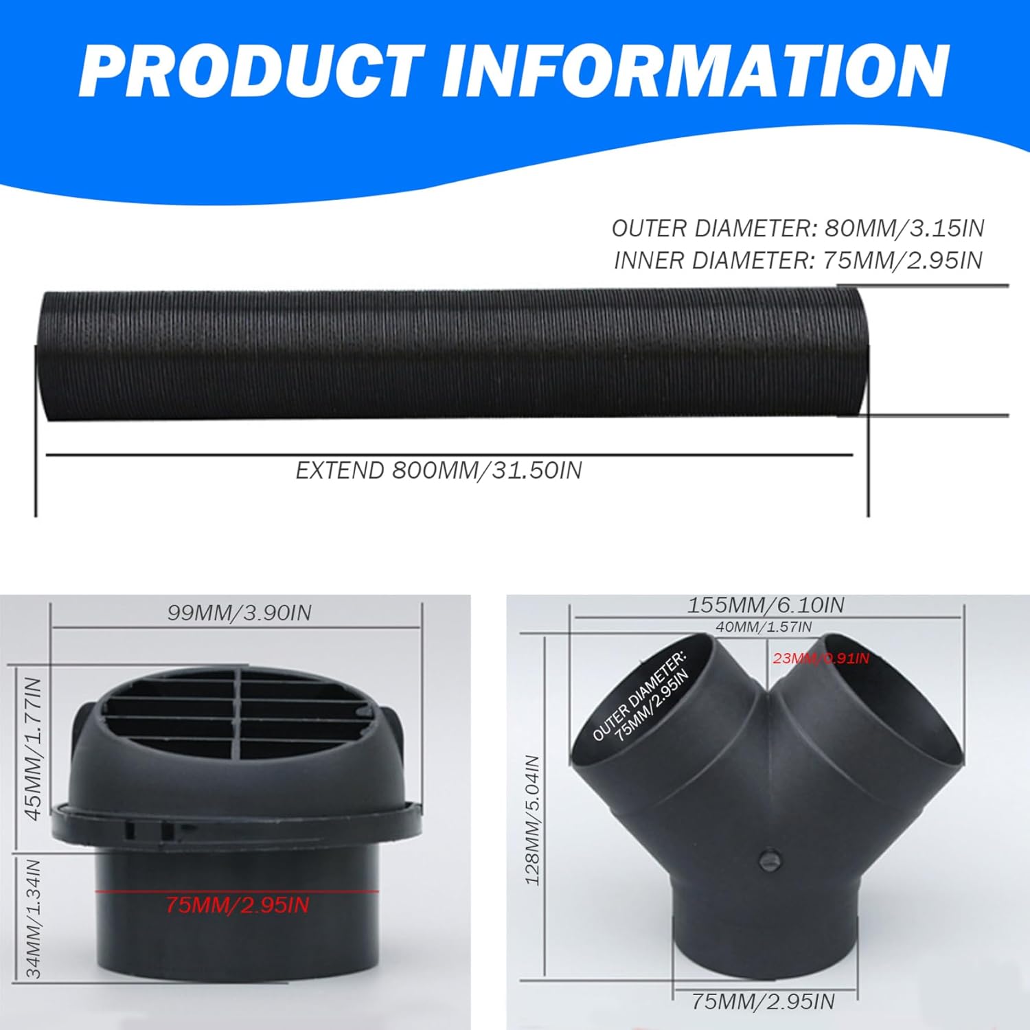 Diesel Heating Duct Pipe 9pcs/set 75 mm Extendable Cars Diesel Heating Concourage Ventilation Hot Air Vent