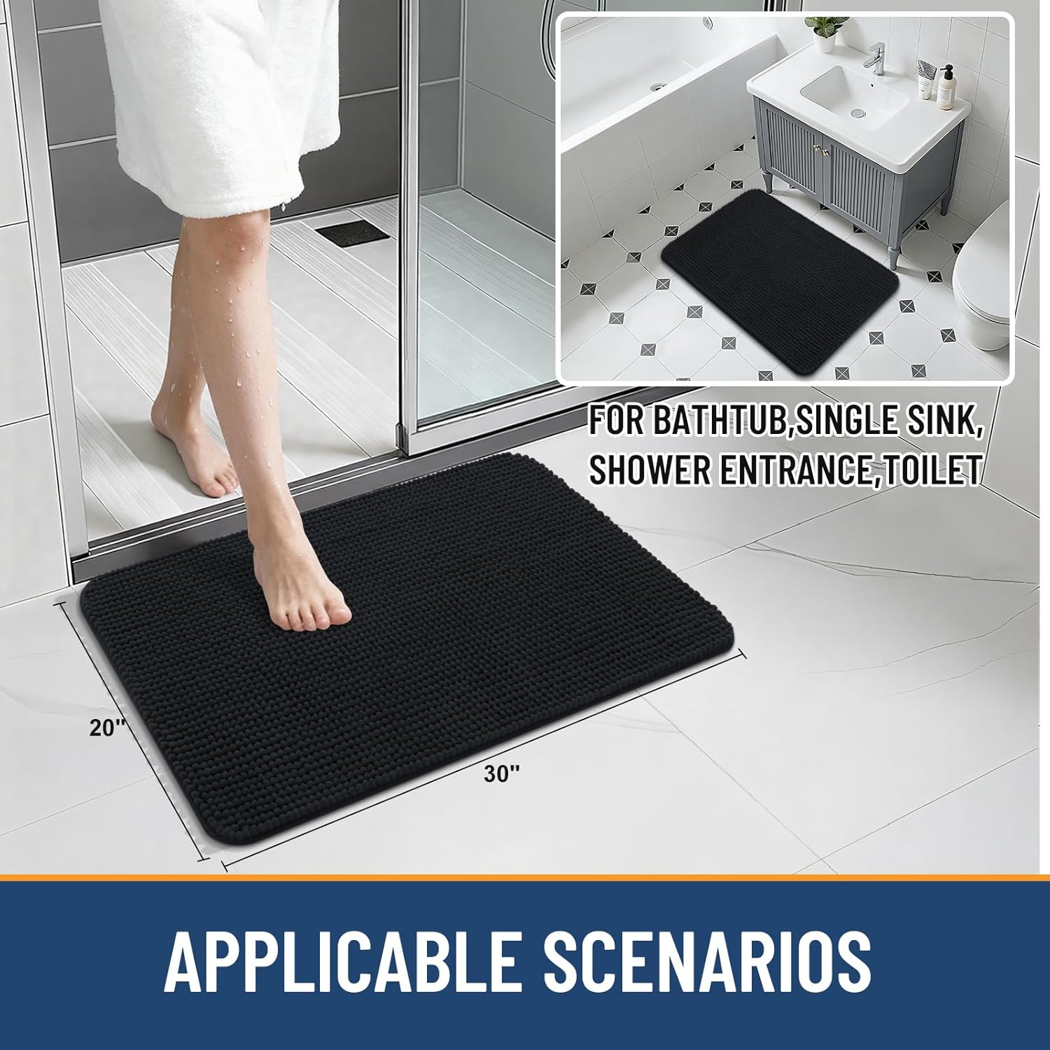 Arotive Bathroom Rugs 30" x 20", Ultra Soft Absorbent Chenille Bath Rugs, Non-Slip Rubber Backing, Machine Washable Bath Mats for Bathroom Floor, Tub and Shower, Home Decor Accessories, Black