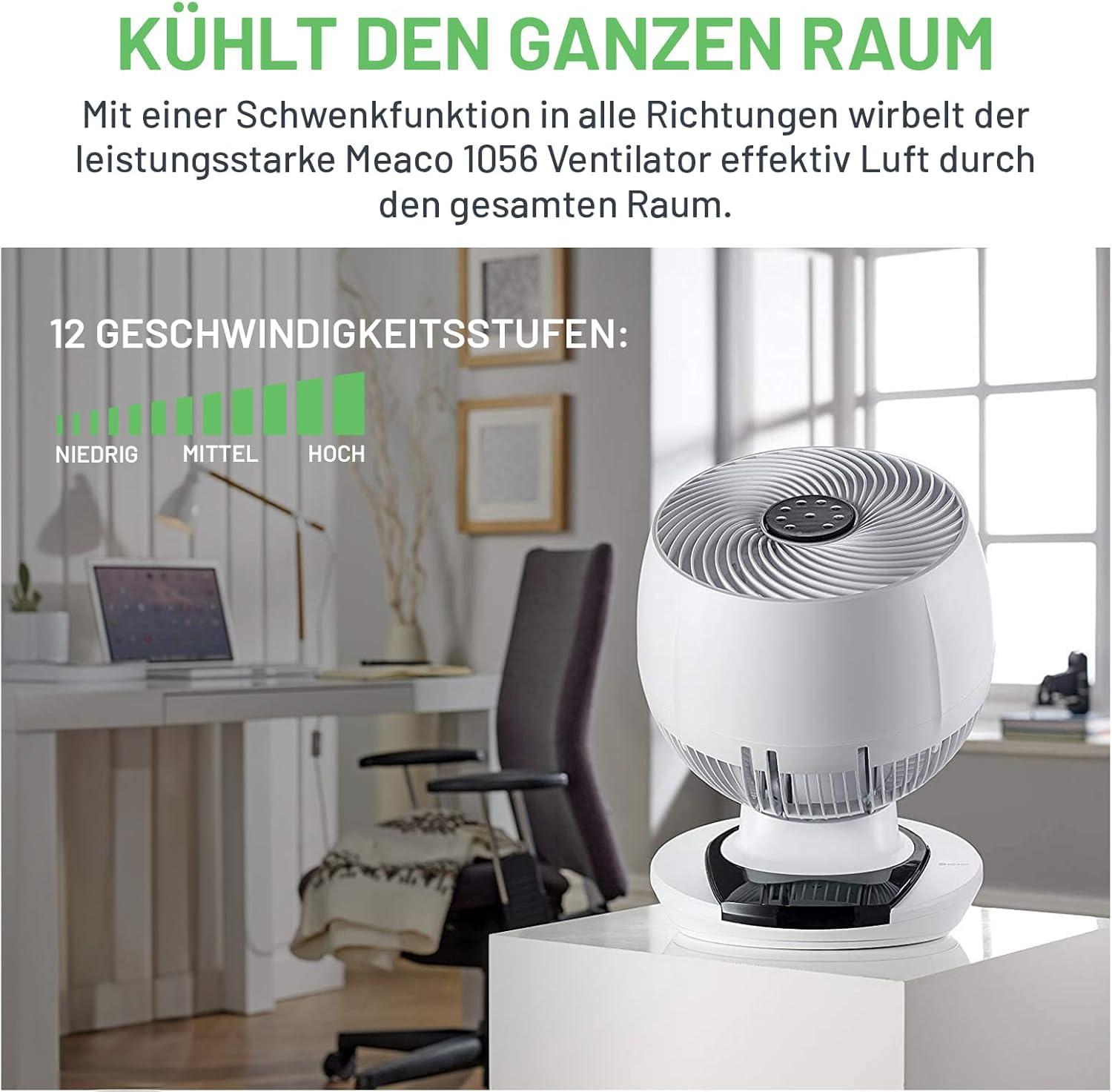 Meaco MeacoFan 1056 Ventilatore con Circolatore d’Aria Ultra Silenzioso con Telecomando, Ventilatore da Tavolo per Ufficio e Camera da Letto, 12 Velocità, Oscillazione 360°, Bianco
