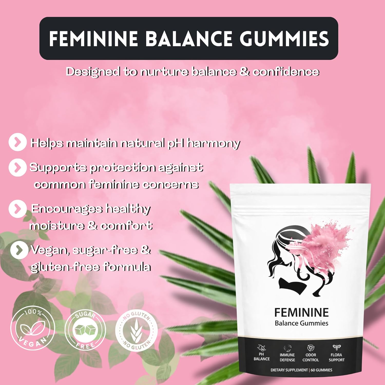 Feminine Balance Gummies for Women, Vegan Hawaiian Pineapple Flavor, Sugar-Free & Gluten-Free Daily Gummies, Easy-to-Enjoy Format, 60 Count