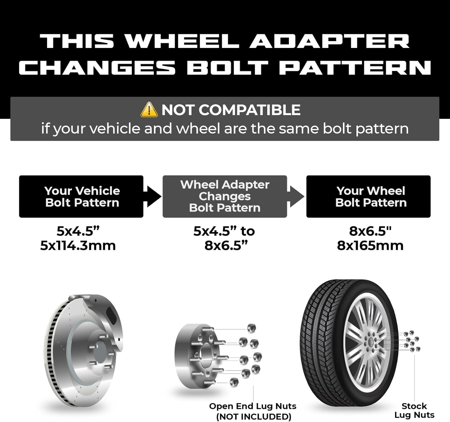 EZAccessory 2 Wheel Adapters 5x4.5 to 8x6.5 (5x114.3 to 8x165) Thickness 1 Inch