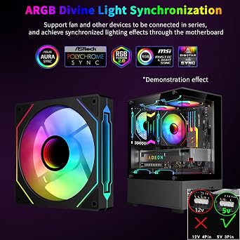 QUMOX 120mm PC front fan, Infinite Mirror Design Case Fans with PWM Control & ARGB Effect, Hydraulic Bearing for Low-Noise Operation (3 packs)- Exhaust fan