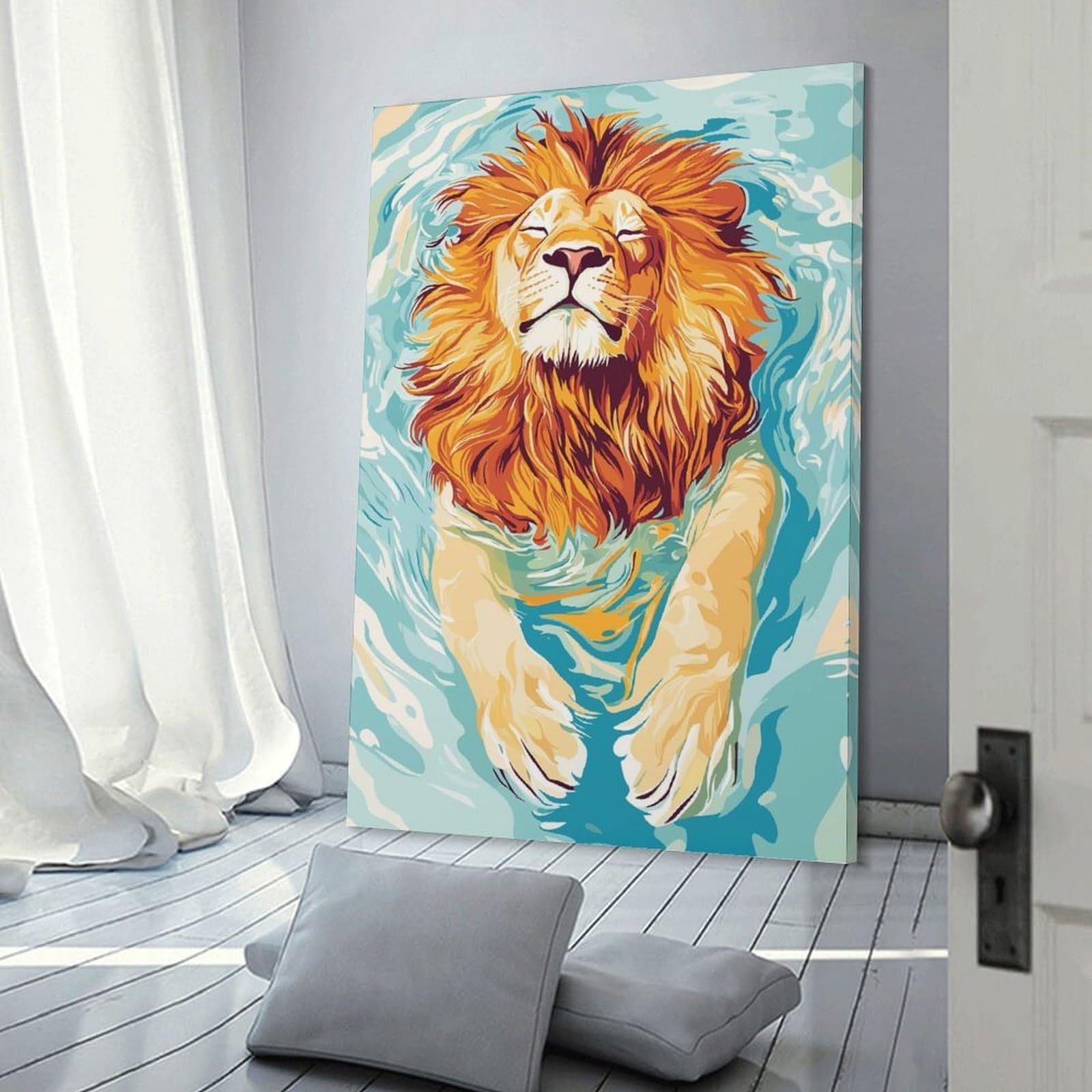 Junmoney Lion Swimming in Water Illustration Room Decor Wall Art, 20x30inch(50x75cm), for Office, Study Or Home Workspace, Decorative Artwork for Productive Spaces