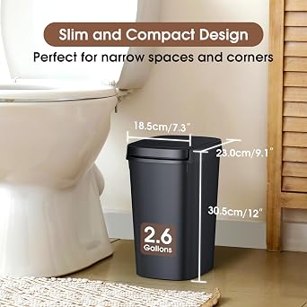 CEROELDA 3 Pack Slim Bathroom Trash Can, 10L/2.6 Gal with Press Top and Pop-up Lid, Plastic Wastebasket for Toilet, Office, Bedroom (Black)