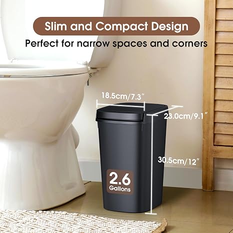 CEROELDA 3 Pack Slim Bathroom Trash Can, 10L/2.6 Gal with Press Top and Pop-up Lid, Plastic Wastebasket for Toilet, Office, Bedroom (Black)