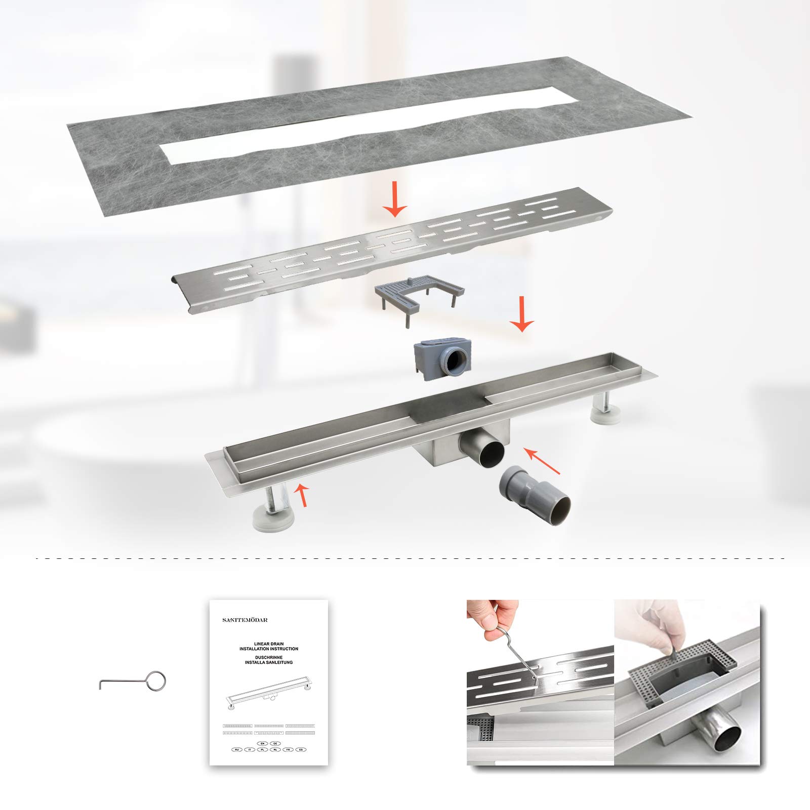 SaniteModar Caniveau Douche Italienne 80 cm, Panneau de Ligne, avec Siphon et Filtre