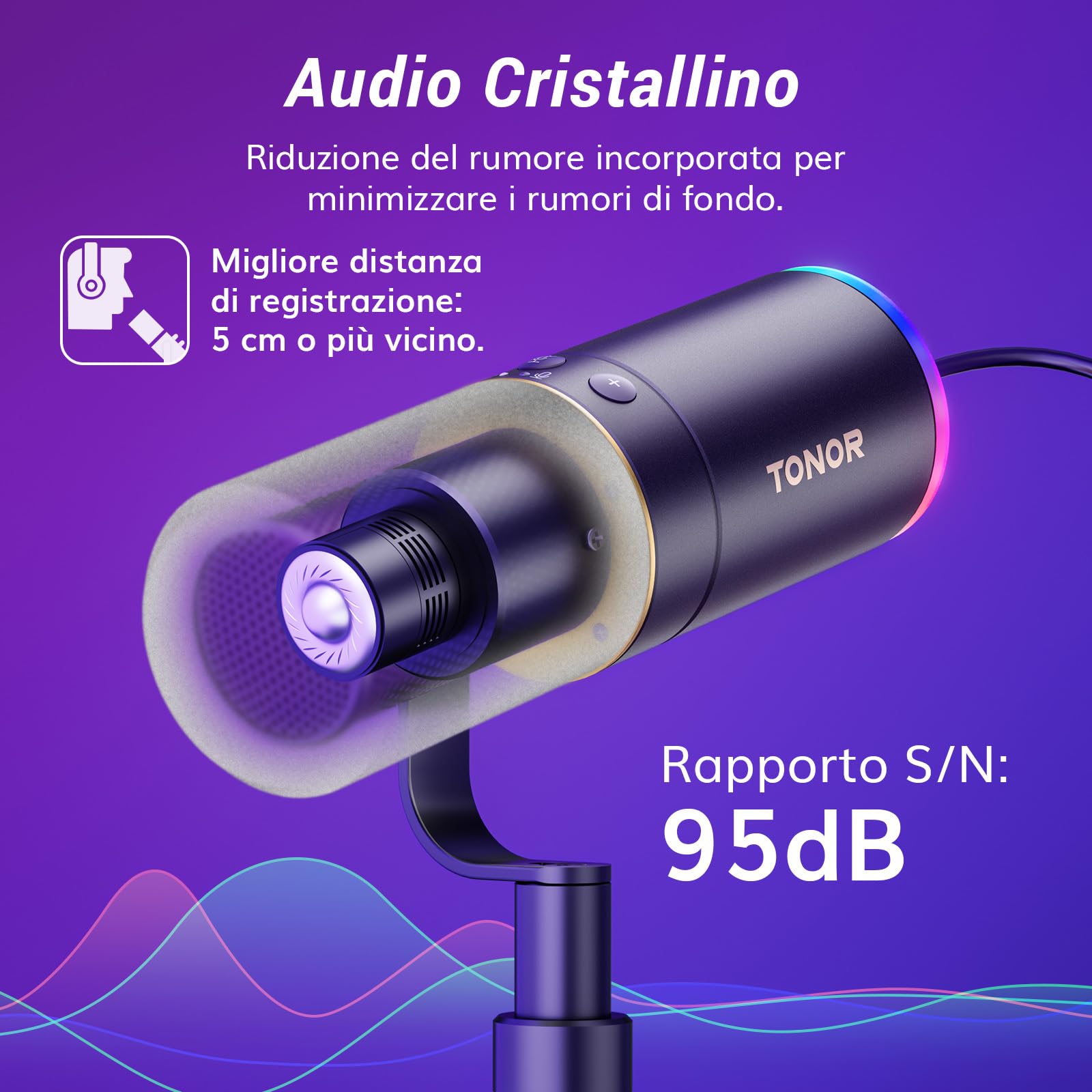 TONOR Microfono Gaming USB/XLR con Supporto da Braccio, Microfono PC Dinamico RGB per Twitch, Streaming, Podcasting, Discord, Microfono in metallo Cardioide per Mac Android, 200cm,TD520S+