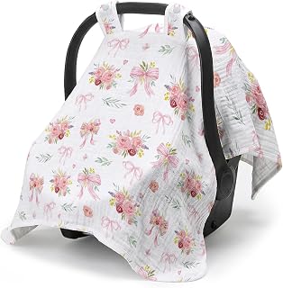 Car Seat Cover Baby, Cotton Baby Car Seat Cover Canopy, Bow Flower | Breathable Muslin Carseat Covers Canopies for Summer Sunshade Babies, New Mom Gifts for Newborns Essentials Gift Boy Girl
