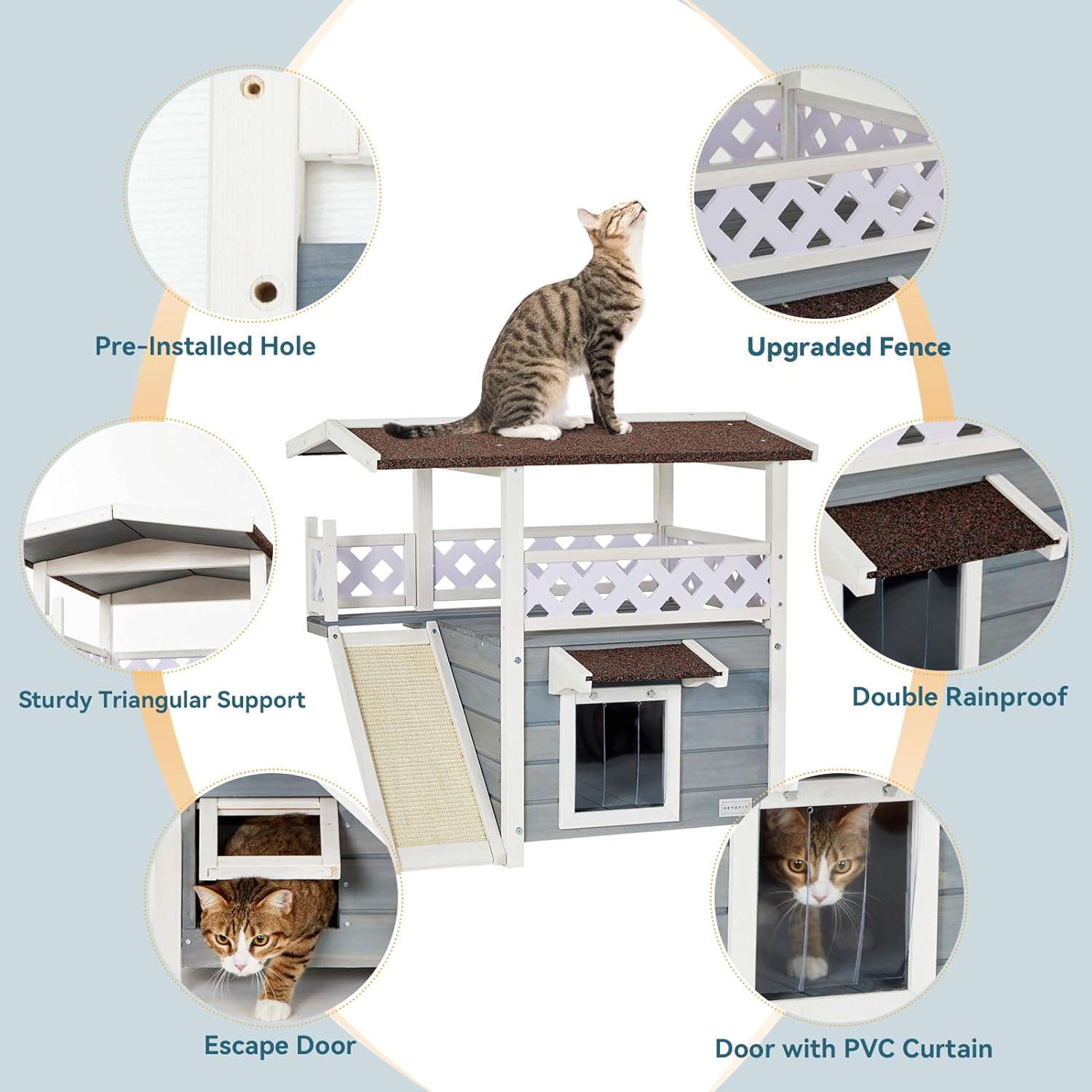 review Petsfit Durable Roof Cat House Outdoor Weatherproof with Escape Door, Stair or Scratch Board, 2 Story Design Perfect for Multi Cats, Outside Cat House Gray