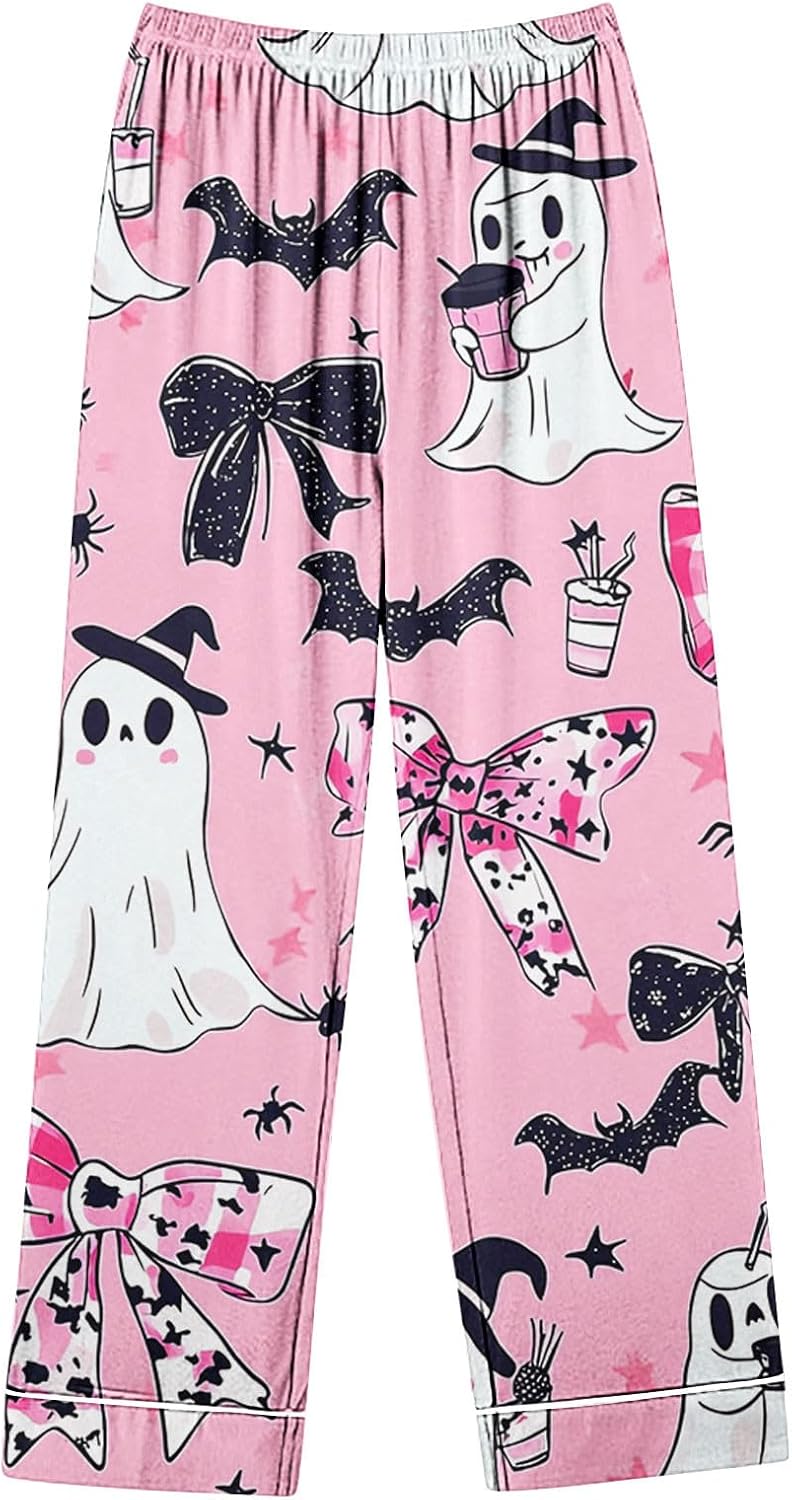 Ladies Halloween Print Pajamas Set Button Down Sleepwear Two Piece Set | Printed Long Sleeve Shirt Loose Pants, Fall Winter Nightwear, Loungewear for Wedding, Party, Home, Daily Wear, Date Nights