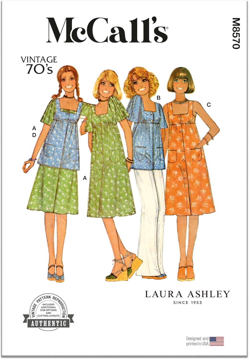 McCall's M8570U5 Vintage 1970's Misses' High Waisted Dress, Jumper and Top Sewing Pattern Packet by Laura Ashley, Design Code M8570, Sizes 16-18-20-22-24