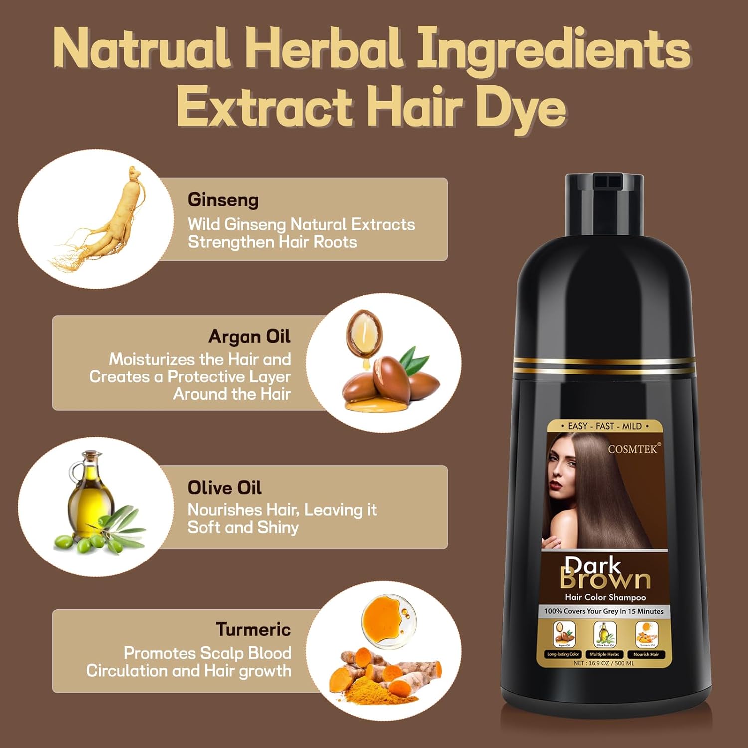 Dark Brown Hair Dye Shampoo, Hair Color Shampoo for Women, 3 in 1 Hair Dye for Gray Hair 100% Grey Hair Coverage/Instant/Herbal Ingredients 17.6 OZ - Image 6