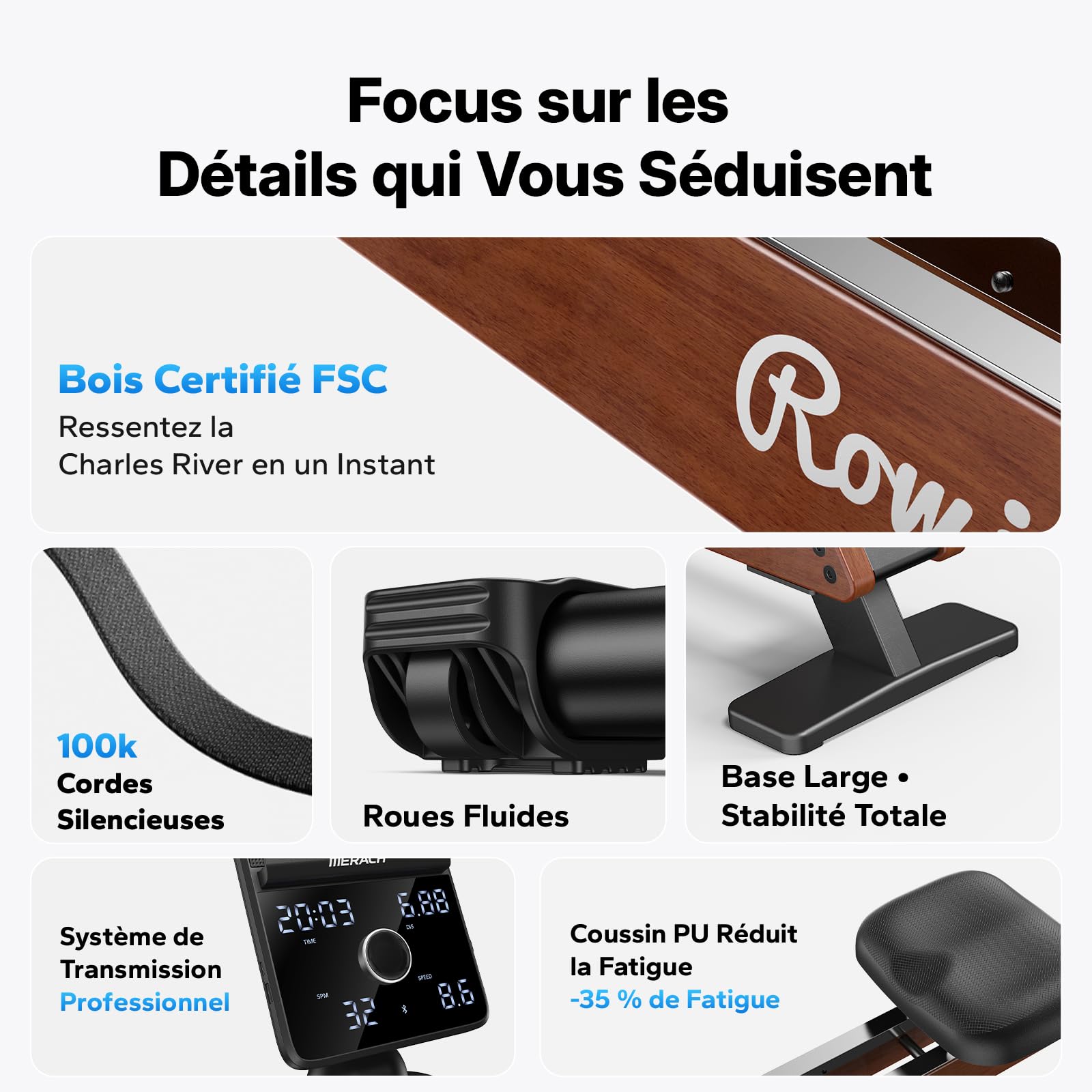 MERACH Rameur Musculation D'appartement, Auto-générateur, résistance magnétique maximale améliorée de 60 kg, réglage Automatique de la résistance, Doubles Rails en Bois, Affichage LED, Professionnel