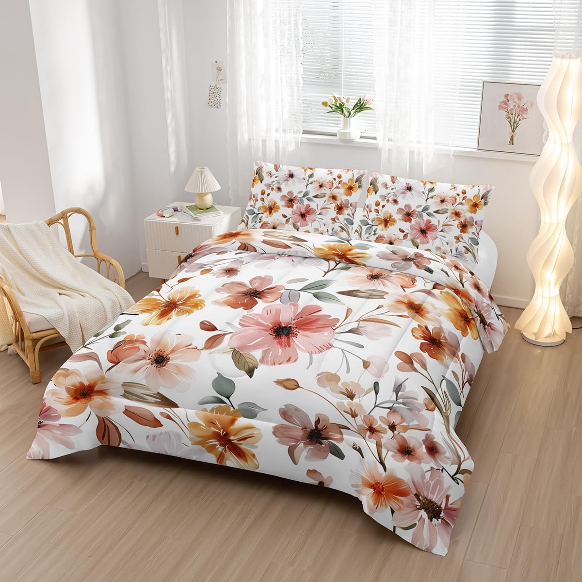Nttopship Pink Yellow Floral Comforter Bedding Set with 2 Pillowcase Queen Size Flower Comforter Set for Kids Boys Girls Bedroom Decor