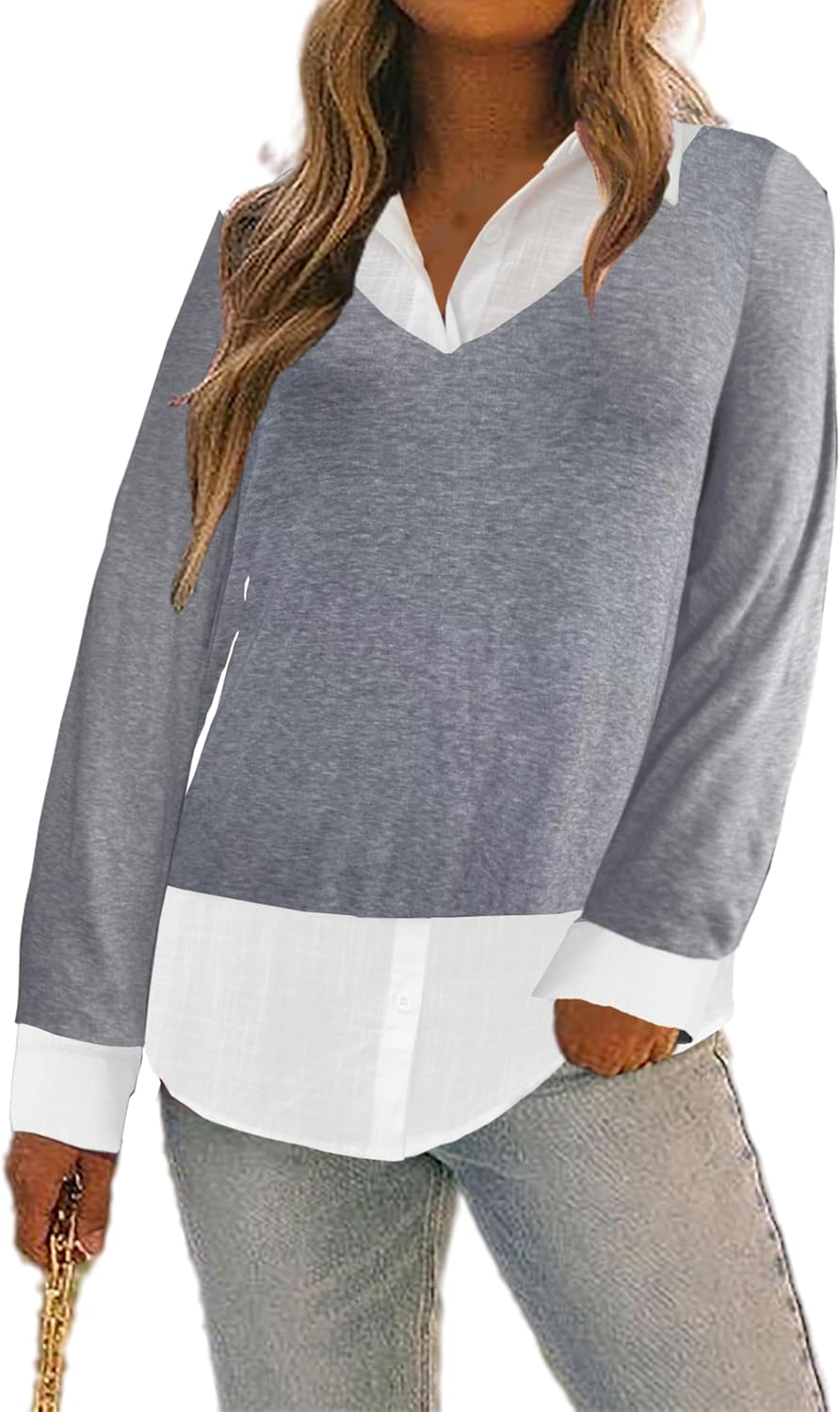 Oyamiki Women's Casual Collared Curved Hem 2 in 1 Pullover Tops Plaid Contrast Shirt Blouse - Image 4