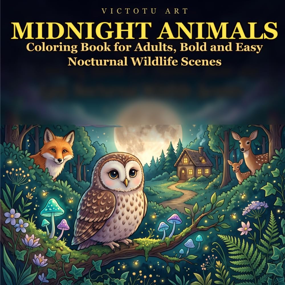 Midnight Animals: Coloring Book for Adults, Bold and Easy Nocturnal Wildlife Scenes: 40 Cute Cozy Designs Featuring Owls, Foxes, Wolves, Deer & More ... (cozy season, bold and easy coloring book)